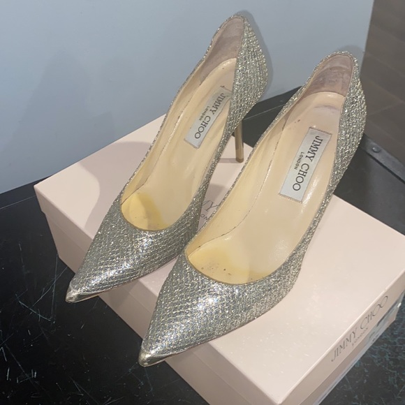 Jimmy Choo glitter fabric champagne pumps with gorgeous mirror heel - Picture 1 of 13